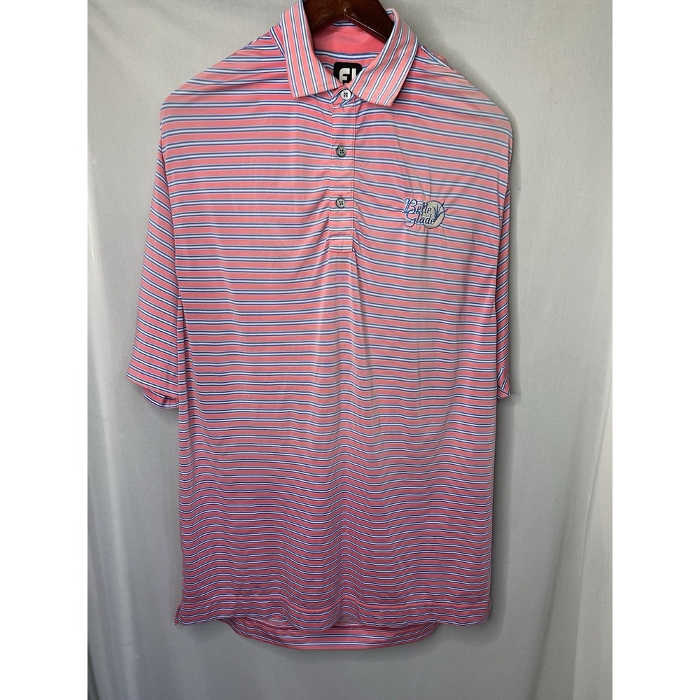 Mens L Foot Joy Bell Glade Pink & Blue Striped Golf Polo Shirt‎ Summer